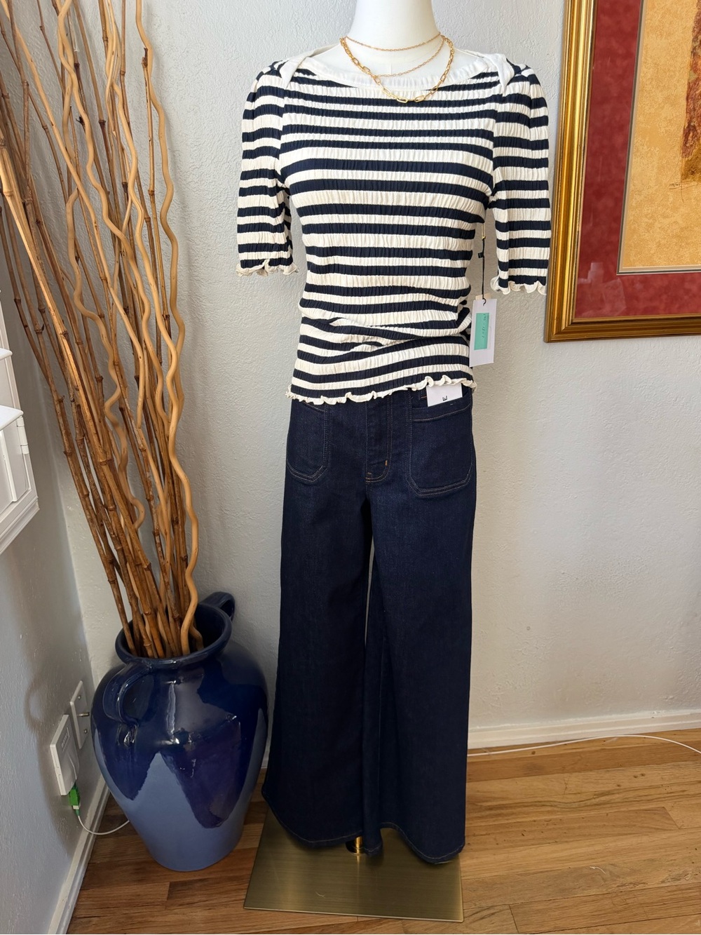 105~ NWT Nation LTD for Anthropologie Navy and Cream Striped Ribbed Top Small